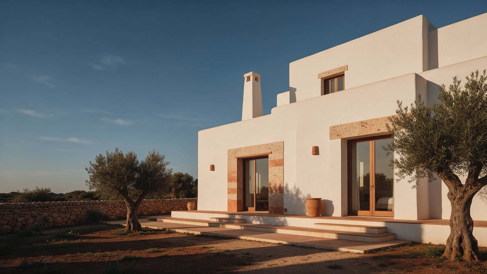 Villa mediterranea con muri in calce bianca e ulivi al tramonto